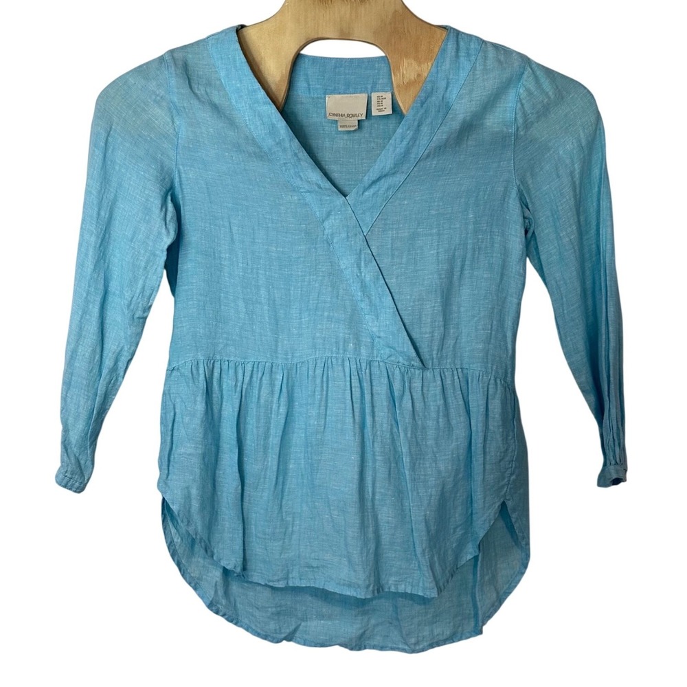 Cynthia‎ Rowley Women's 100% Linen V-Neck Blouse Light Blue Size M Beach Summer
